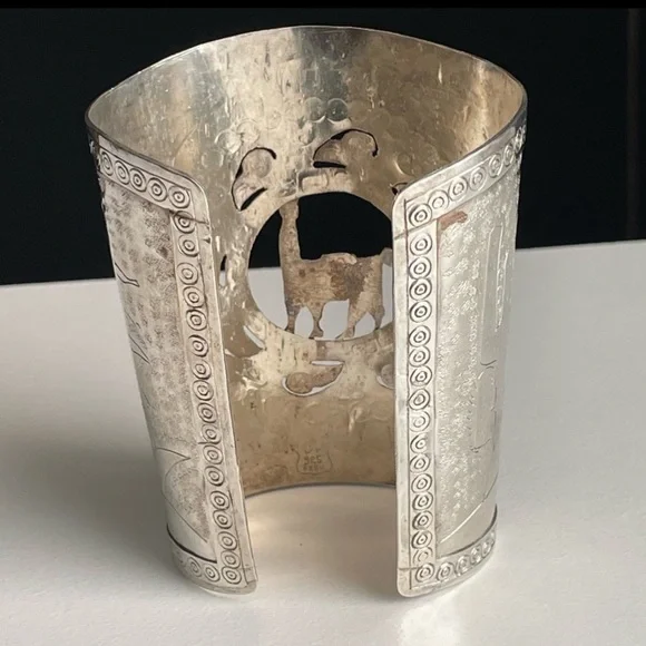 Vintage Sterling Silver Ethnic Lama Alpaca Etched Wide Bangle Boho Cuff